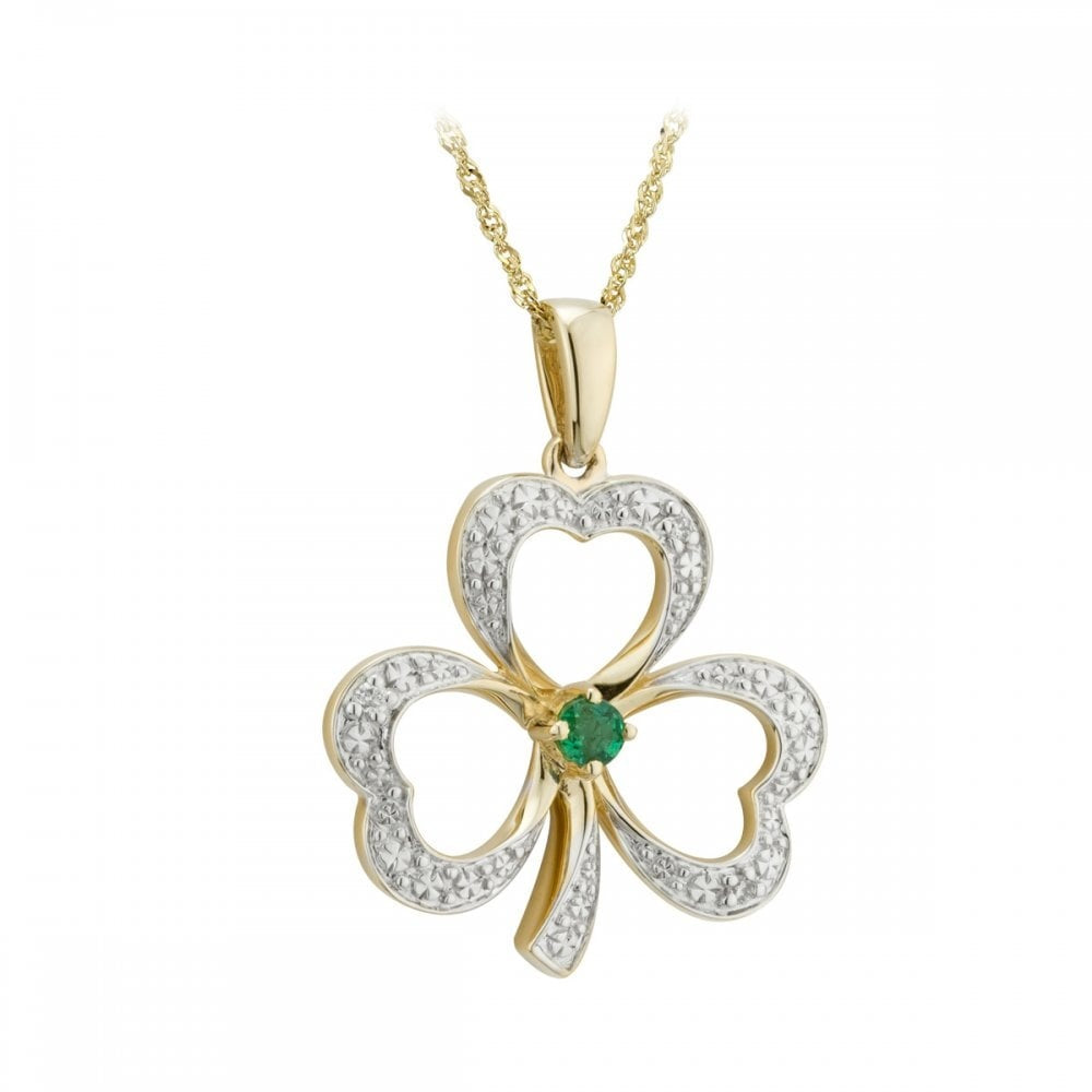 14K GOLD DIAMOND & EMERALD SHAMROCK PENDANT