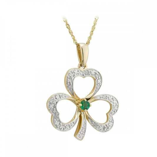 14K GOLD DIAMOND & EMERALD SHAMROCK PENDANT