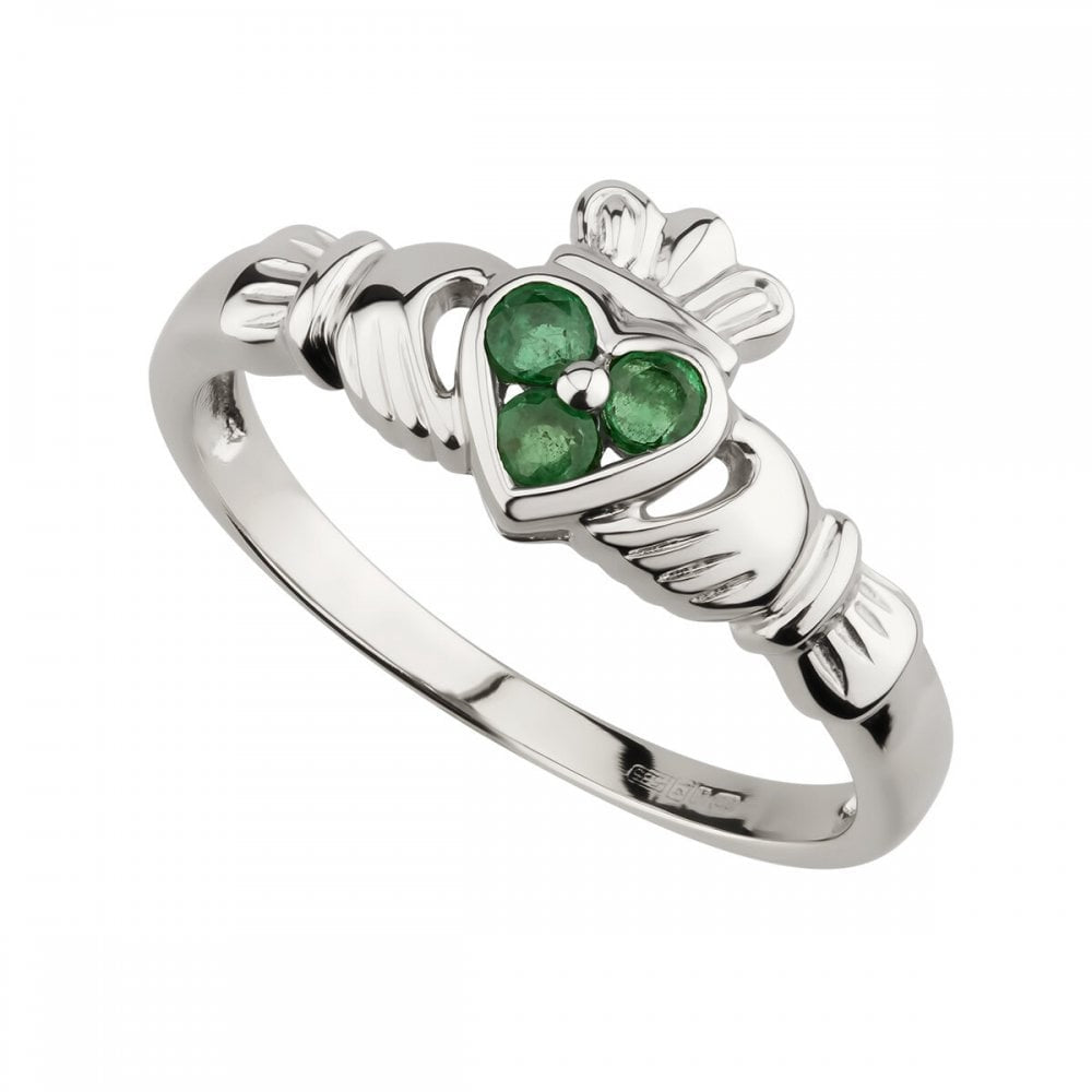 14K WHITE GOLD EMERALD CLADDAGH RING