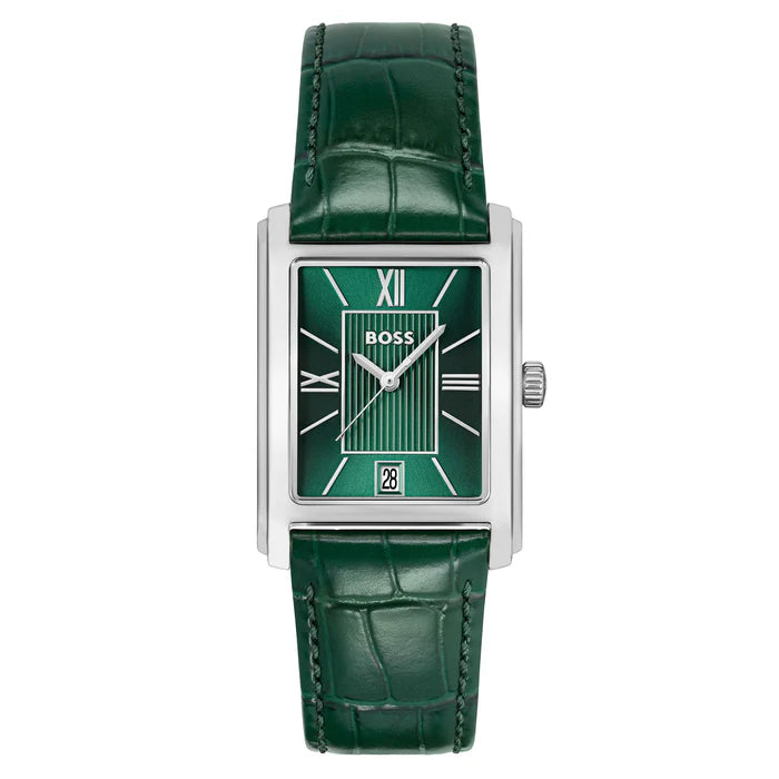 BOSS GREEN RECTANGULAR GENTS LEATHER WATCH