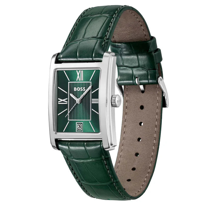 BOSS GREEN RECTANGULAR GENTS LEATHER WATCH