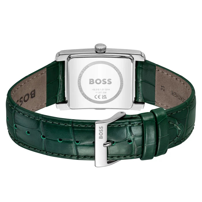 BOSS GREEN RECTANGULAR GENTS LEATHER WATCH