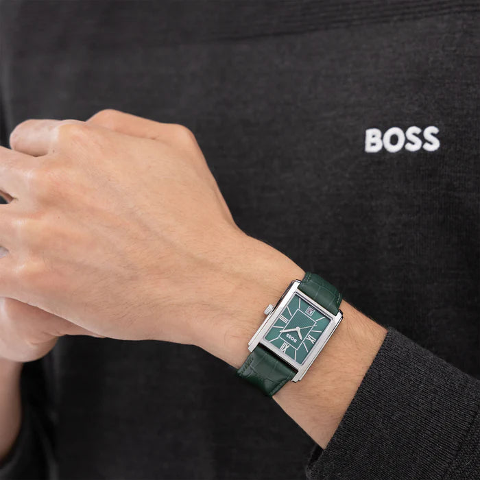 BOSS GREEN RECTANGULAR GENTS LEATHER WATCH