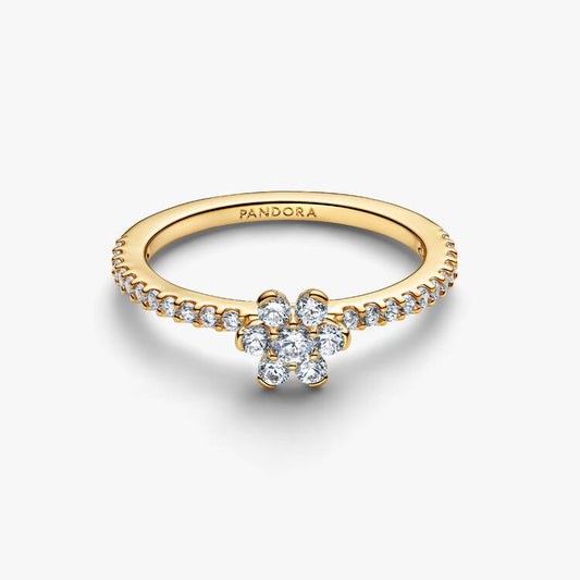 14ct Gold on Silver Sparkling Flower Pandora Ring
