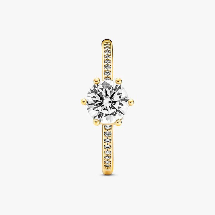 14ct Gold on Silver Clear Sparkling Crown Solitaire Pandora Ring