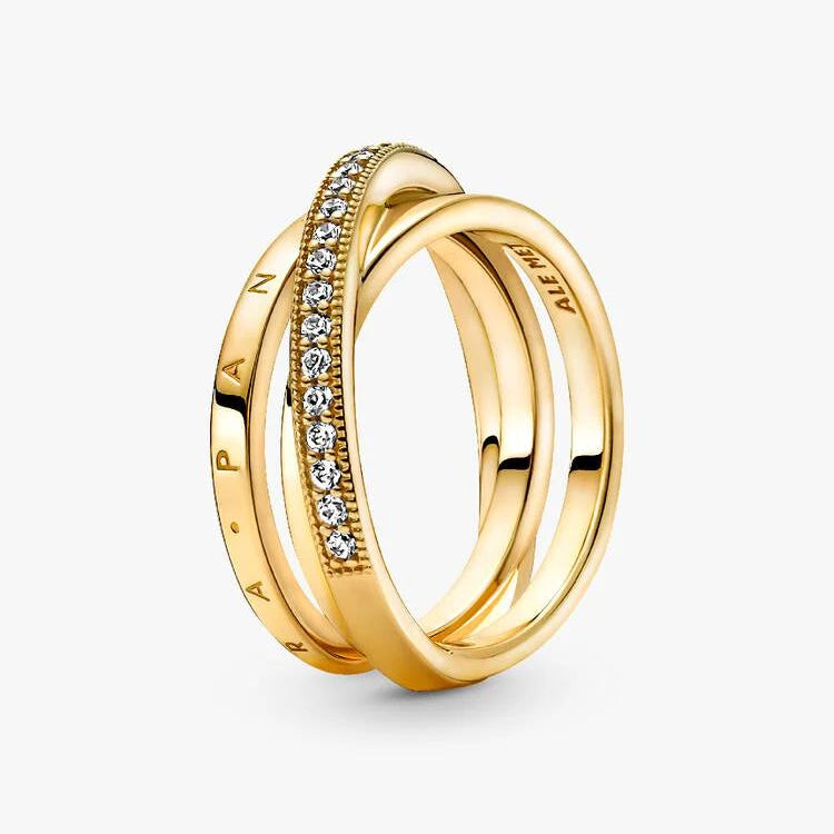 14ct Gold on Silver Crossover Pavé Triple Band Pandora Ring