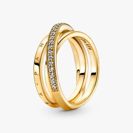 14ct Gold on Silver Crossover Pavé Triple Band Pandora Ring