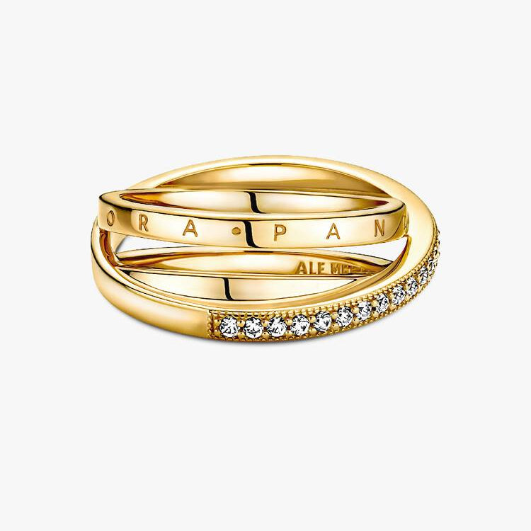 14ct Gold on Silver Crossover Pavé Triple Band Pandora Ring