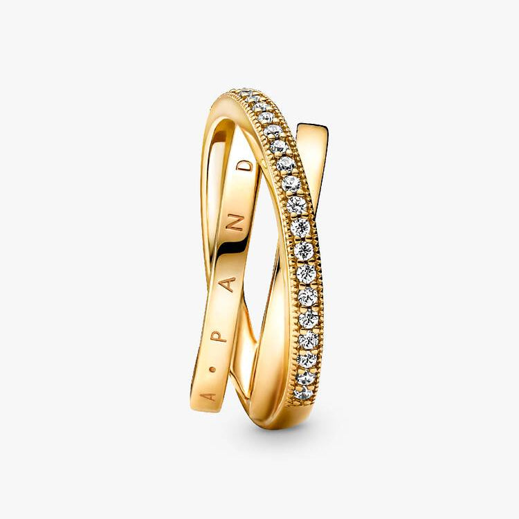 14ct Gold on Silver Crossover Pavé Triple Band Pandora Ring