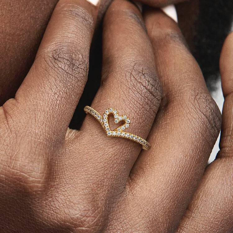 14ct Gold on Silver Wishbone Sparkling Heart Pandora Ring