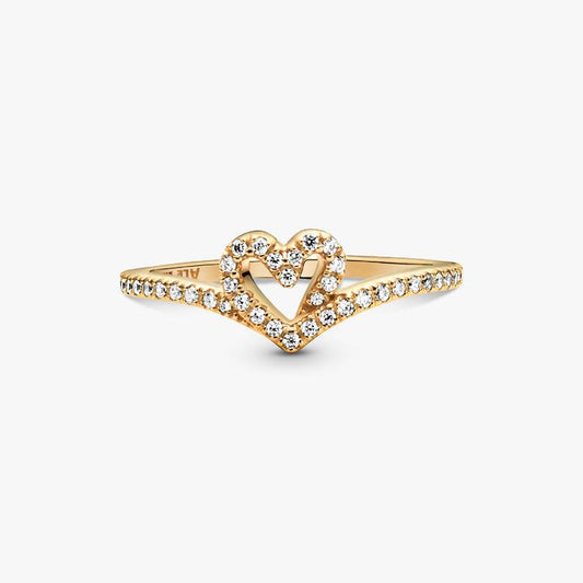 14ct Gold on Silver Wishbone Sparkling Heart Pandora Ring