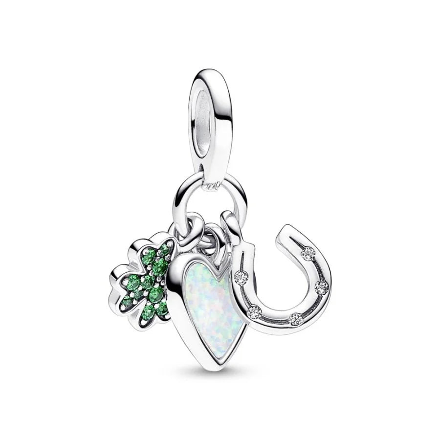 Four Leaf Clover, Heart and Horseshoe Triple Dangle Pandora Charm