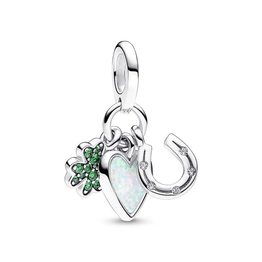 Four Leaf Clover, Heart and Horseshoe Triple Dangle Pandora Charm