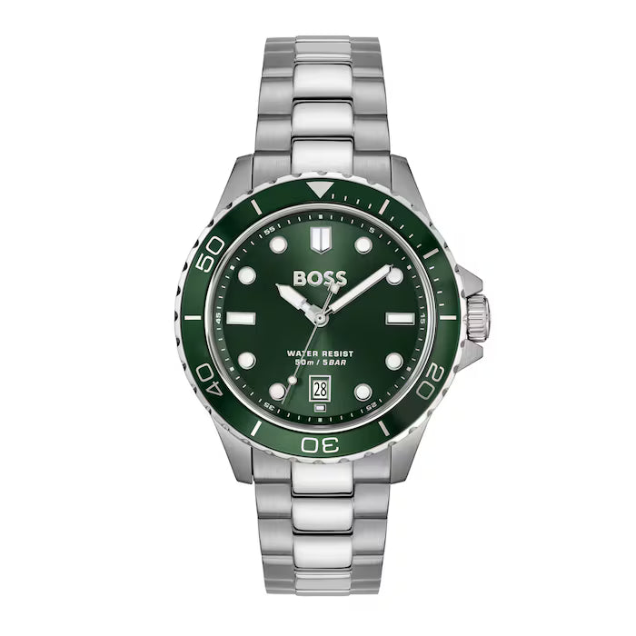 BOSS GREEN DIAL GENTS STAINLESS STEEL WATCH