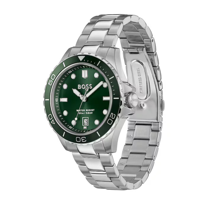 BOSS GREEN DIAL GENTS STAINLESS STEEL WATCH