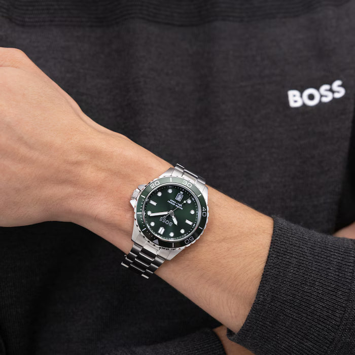 BOSS GREEN DIAL GENTS STAINLESS STEEL WATCH