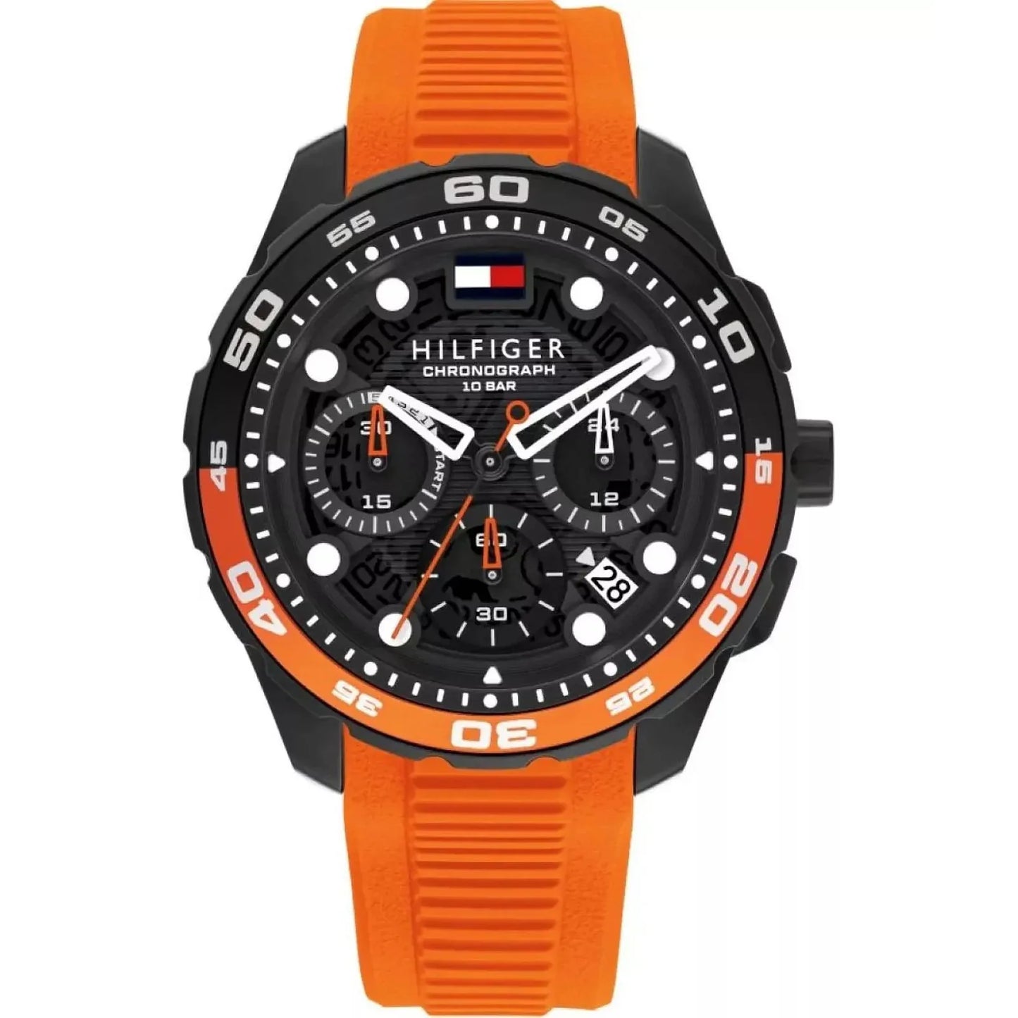 TOMMY HILFIGER BLACK CHRONO GENTS ORANGE SILICONE WATCH