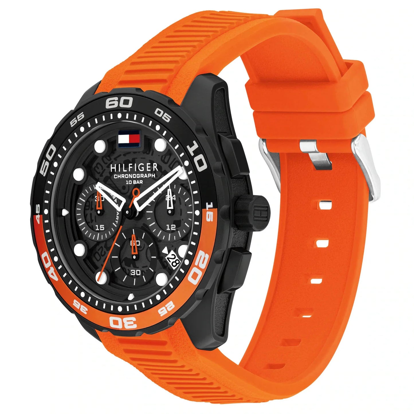 TOMMY HILFIGER BLACK CHRONO GENTS ORANGE SILICONE WATCH