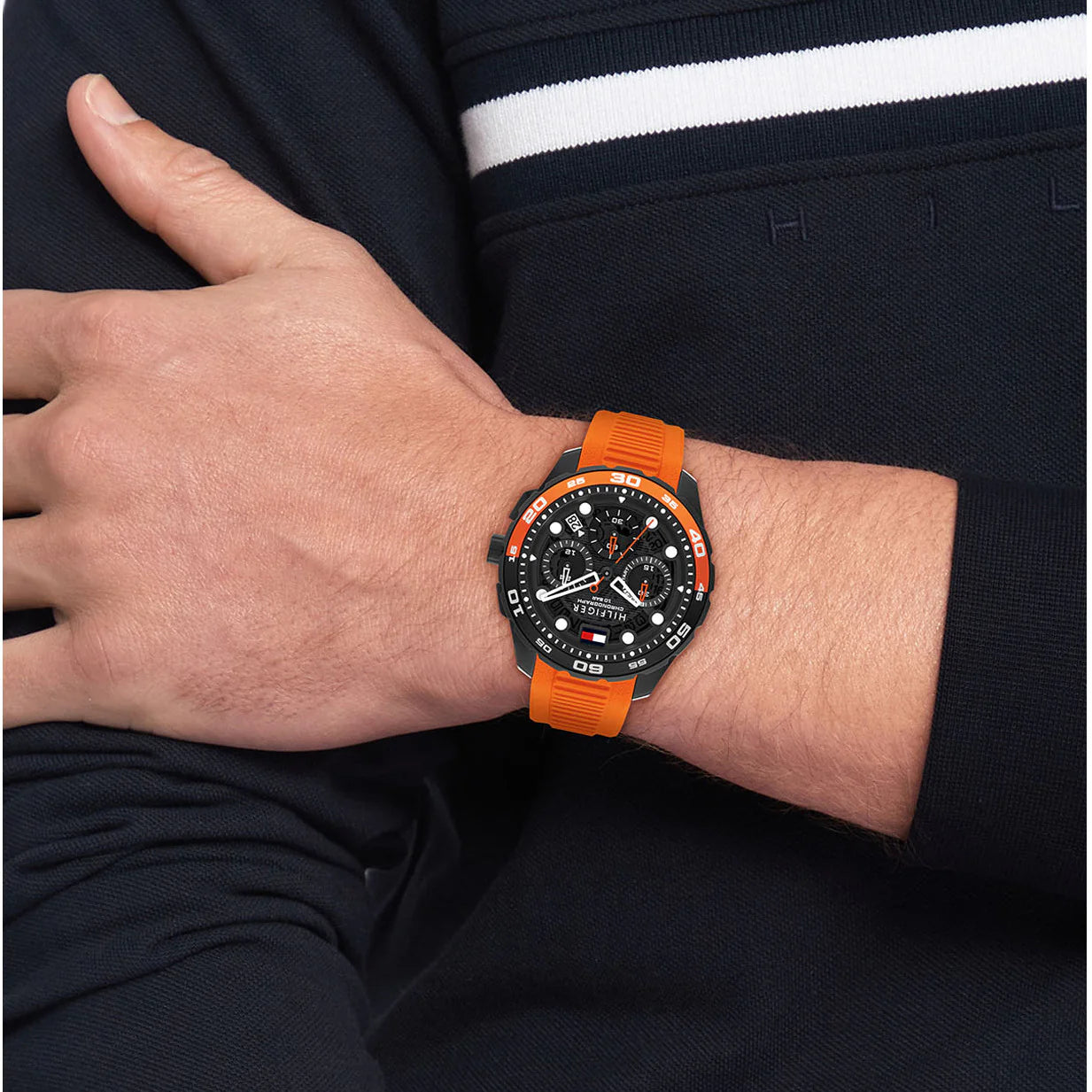 TOMMY HILFIGER BLACK CHRONO GENTS ORANGE SILICONE WATCH
