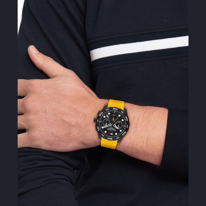 TOMMY HILFIGER BLACK CHRONO GENTS YELLOW SILICONE WATCH