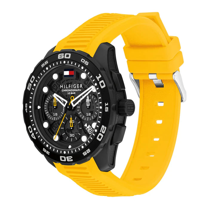 TOMMY HILFIGER BLACK CHRONO GENTS YELLOW SILICONE WATCH