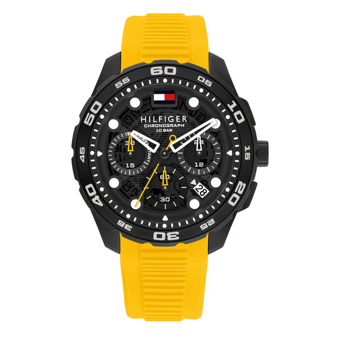 TOMMY HILFIGER BLACK CHRONO GENTS YELLOW SILICONE WATCH