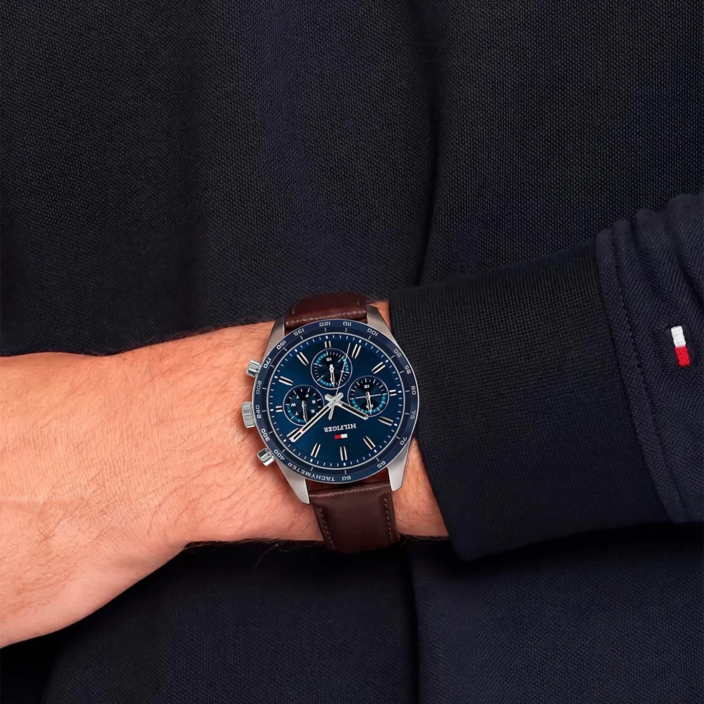 Tommy Hilfiger Blue Chronograph Dial Gents Brown Leather Watch