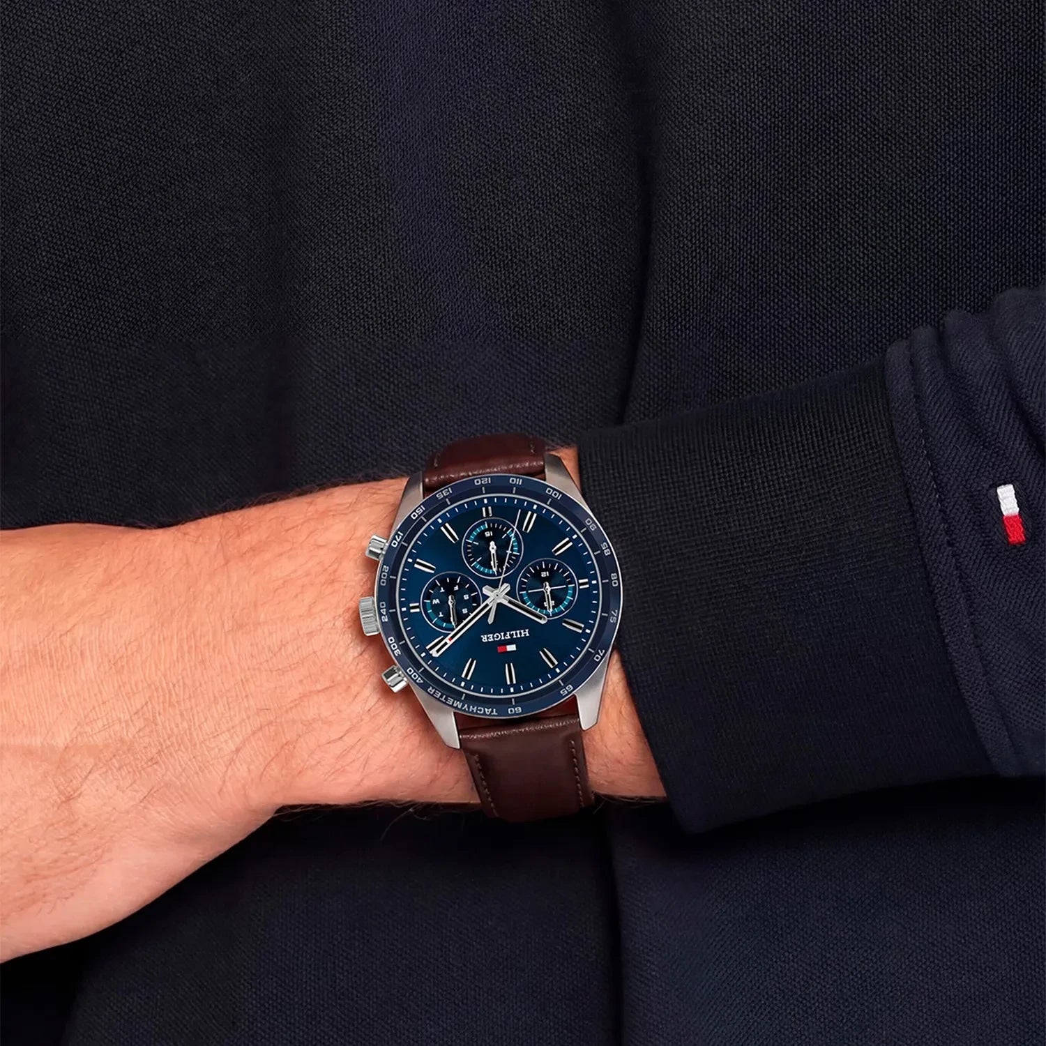 Tommy Hilfiger Blue Chronograph Dial Gents Brown Leather Watch
