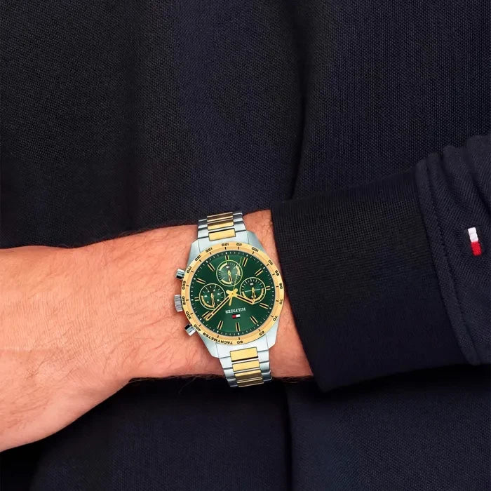 Tommy Hilfiger Green Chronograph Dial Gents Two-Toned Stainless Steel Watch