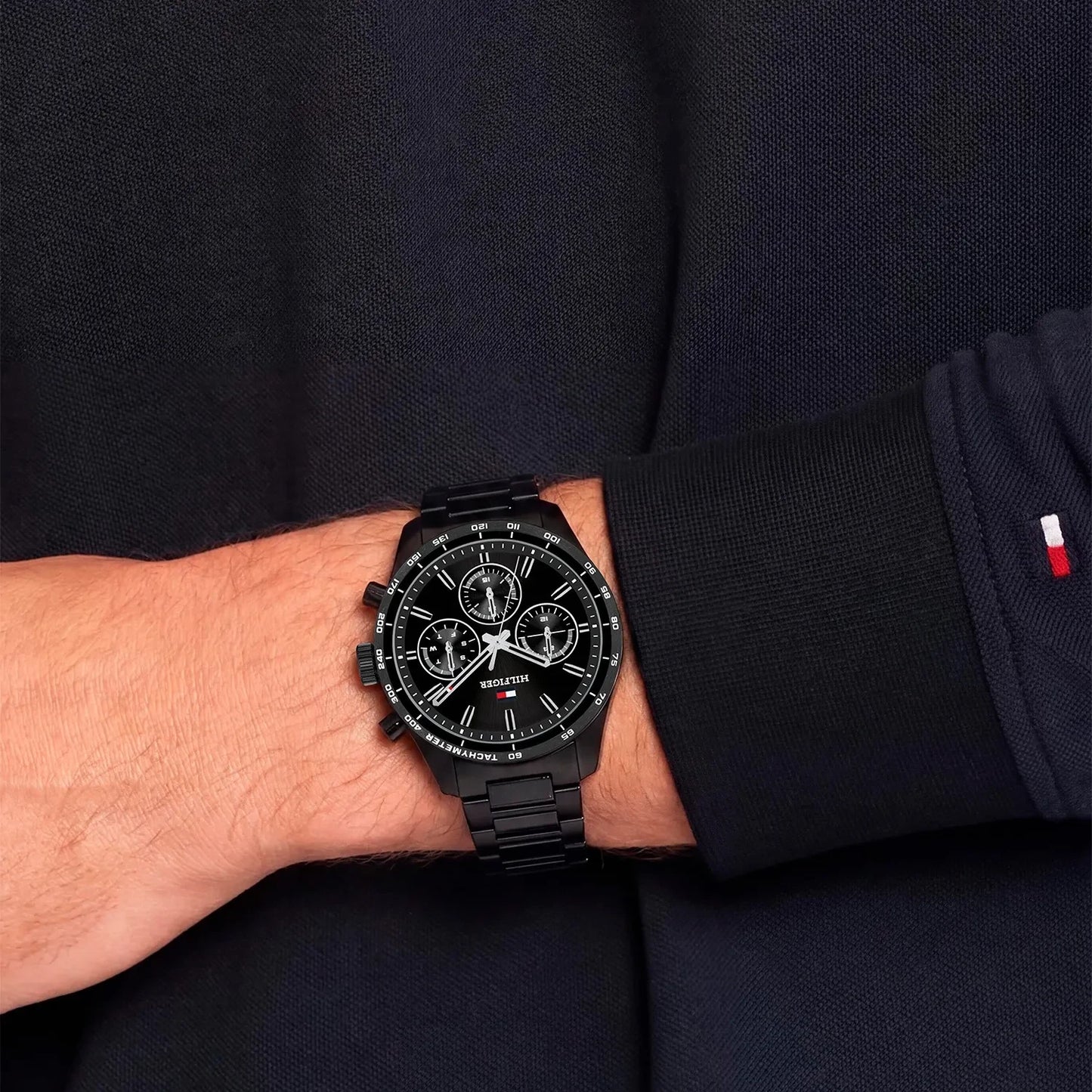 Tommy Hilfiger Hampton Black Chronograph Dial Gents Black Stainless Steel Watch