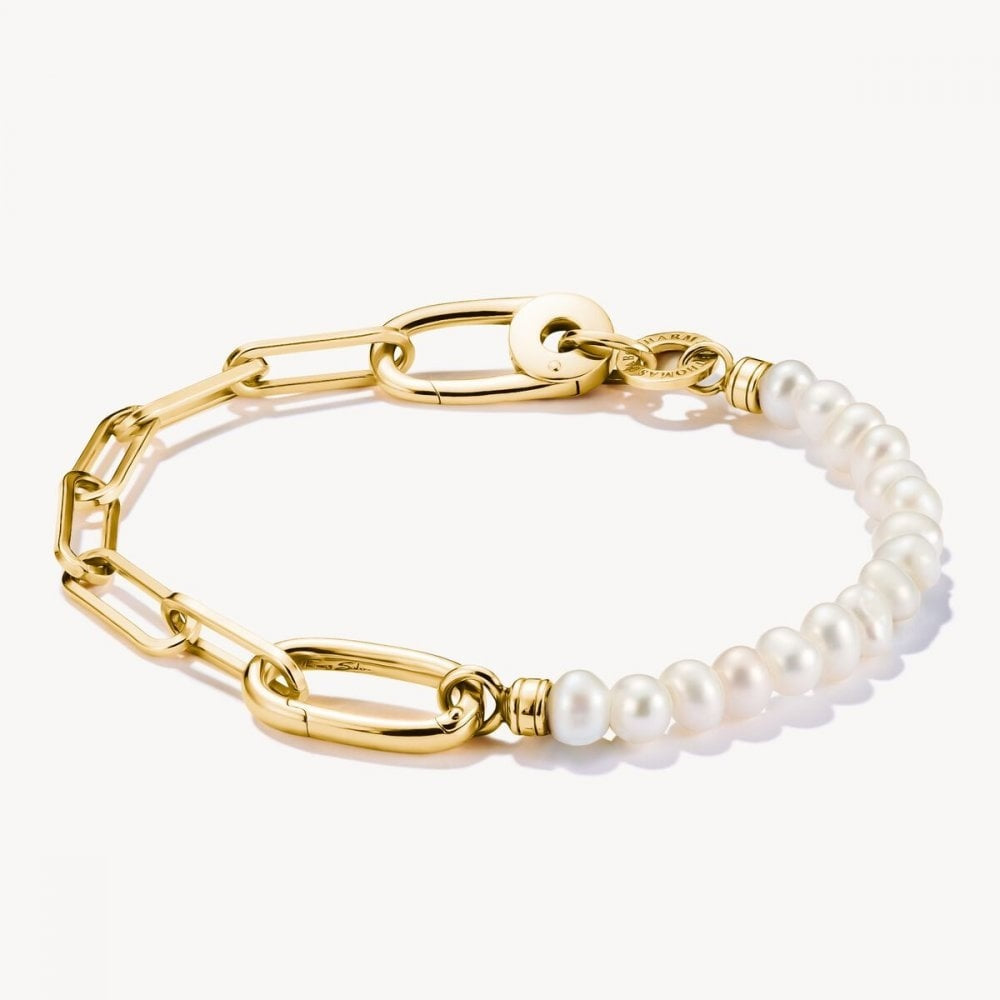 18CT GOLD ON SIL PEARL CHARM BRACELET WITH CONNECT LINK