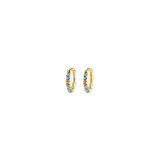 18CT GOLD ON SILVER COLOURFUL STONES HOOP EARRINGS