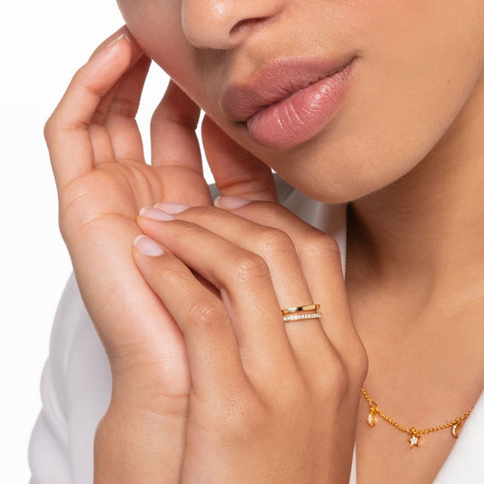 18CT GOLD ON SILVER DOUBLE LINES ZIRCONIA RING
