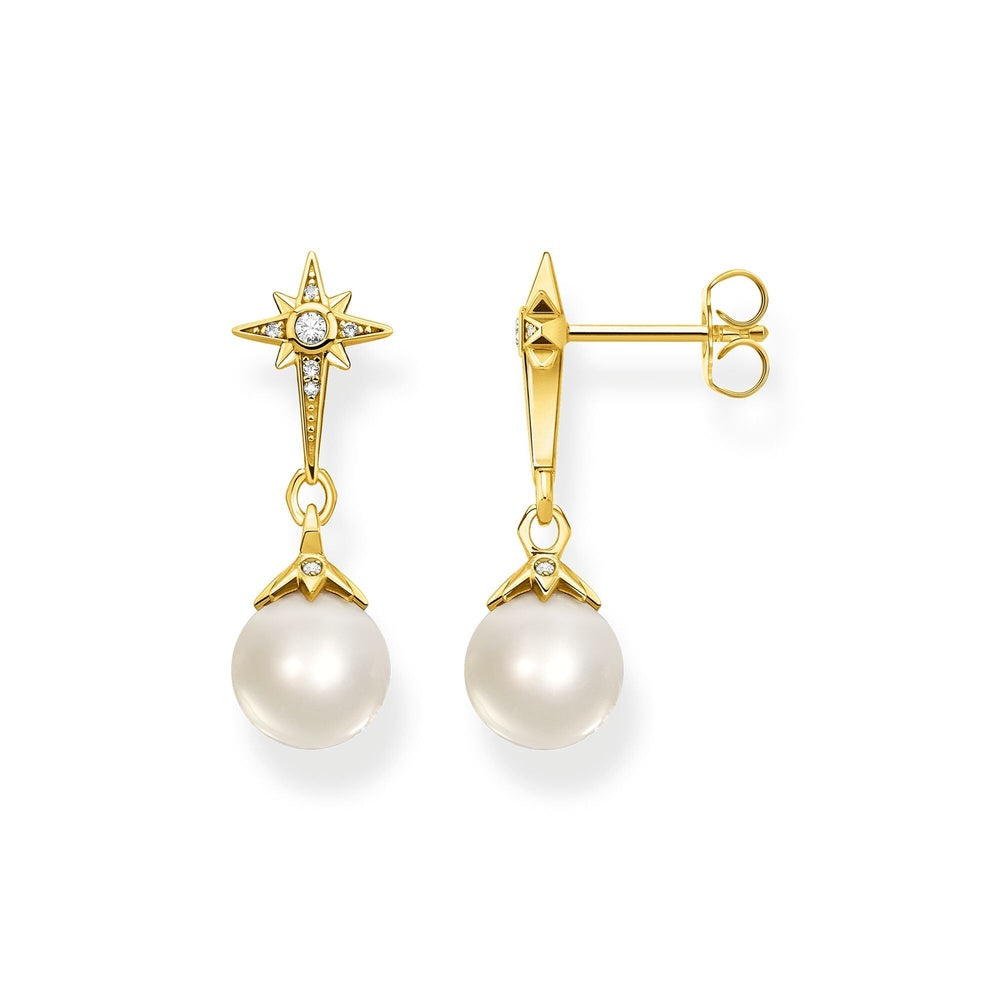 18CT GOLD ON SILVER FRESHWATER PEARL AND ZIRCONIA STAR DROP EARRINGS 