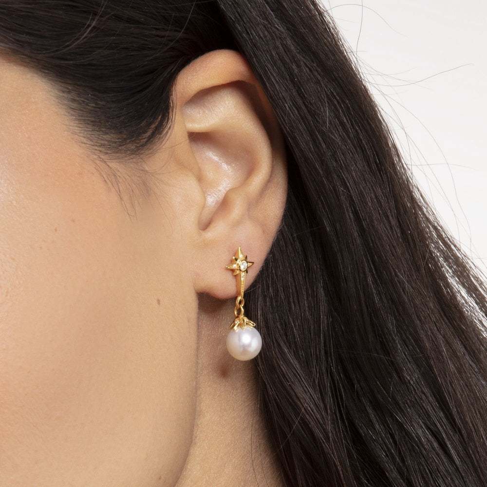 18CT GOLD ON SILVER FRESHWATER PEARL AND ZIRCONIA STAR DROP EARRINGS 