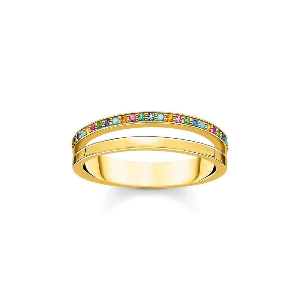 18CT GOLD ON SILVER OPEN DOUBLE RING WITH COLOURFUL STONES