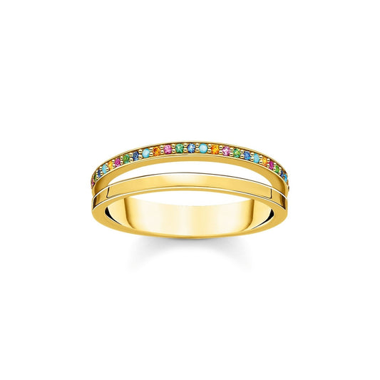 18CT GOLD ON SILVER OPEN DOUBLE RING WITH COLOURFUL STONES
