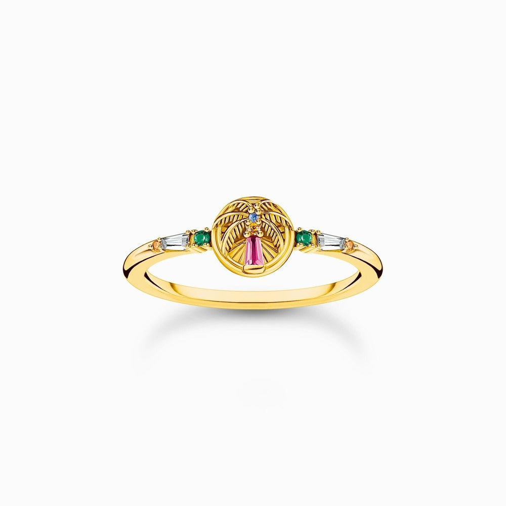 18CT GOLD ON SILVER RING WITH PALM TREE AND COLOURFUL STONES