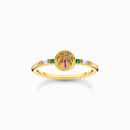 18CT GOLD ON SILVER RING WITH PALM TREE AND COLOURFUL STONES