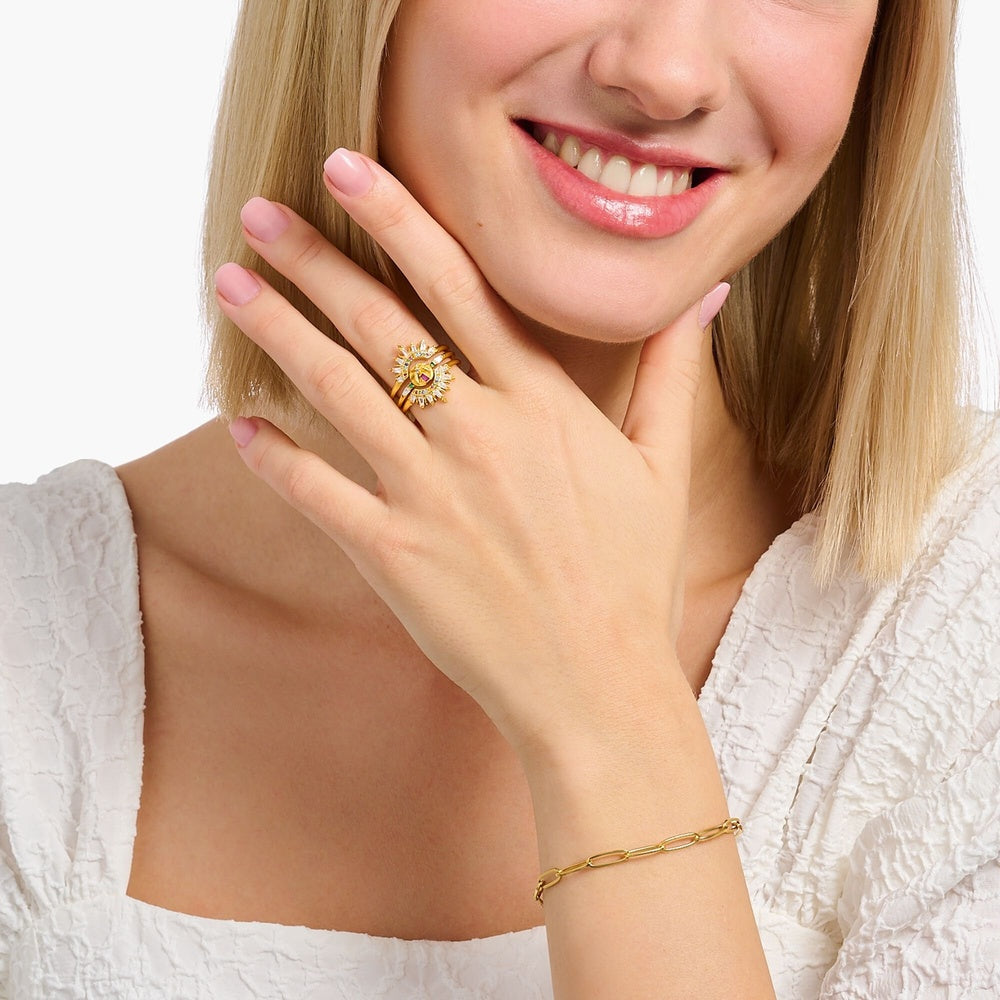 18CT GOLD ON SILVER RING WITH PALM TREE AND COLOURFUL STONES