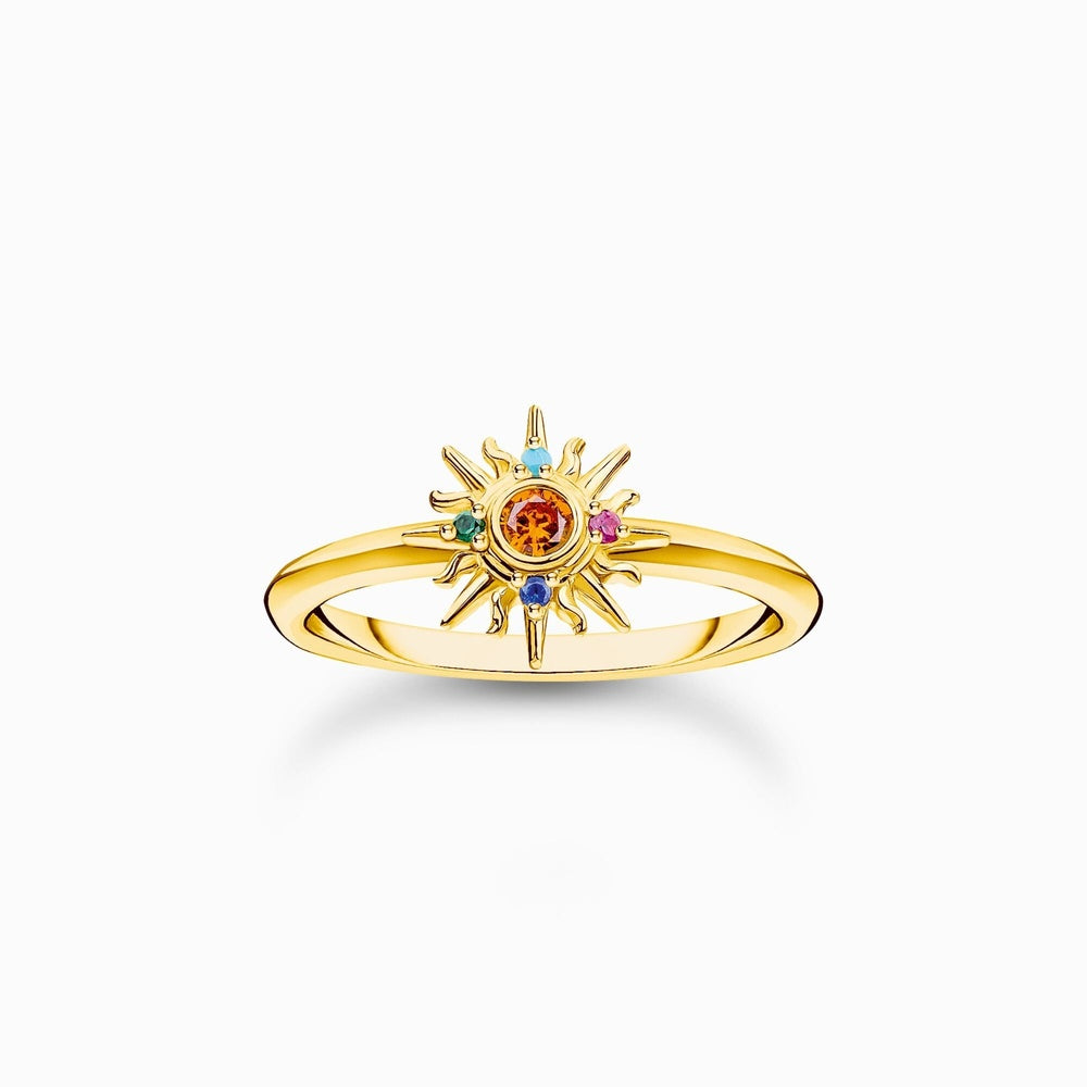 18CT GOLD ON SILVER RING WITH SUN AND COLOURFUL STONES