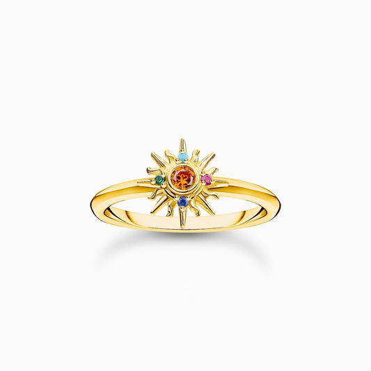 18CT GOLD ON SILVER RING WITH SUN AND COLOURFUL STONES
