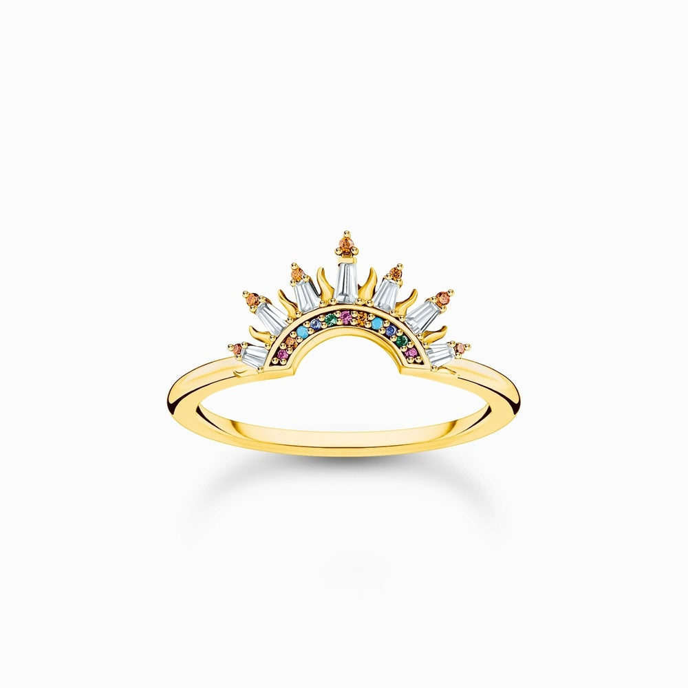 18CT GOLD ON SILVER RING WITH SUN BEAMS AND COLOURFUL STONES