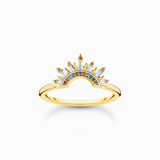 18CT GOLD ON SILVER RING WITH SUN BEAMS AND COLOURFUL STONES