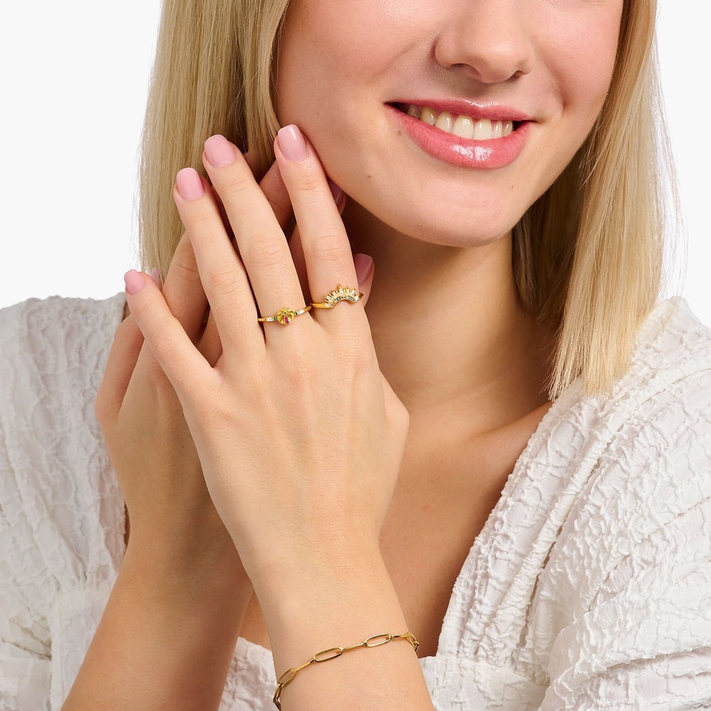 18CT GOLD ON SILVER RING WITH SUN BEAMS AND COLOURFUL STONES