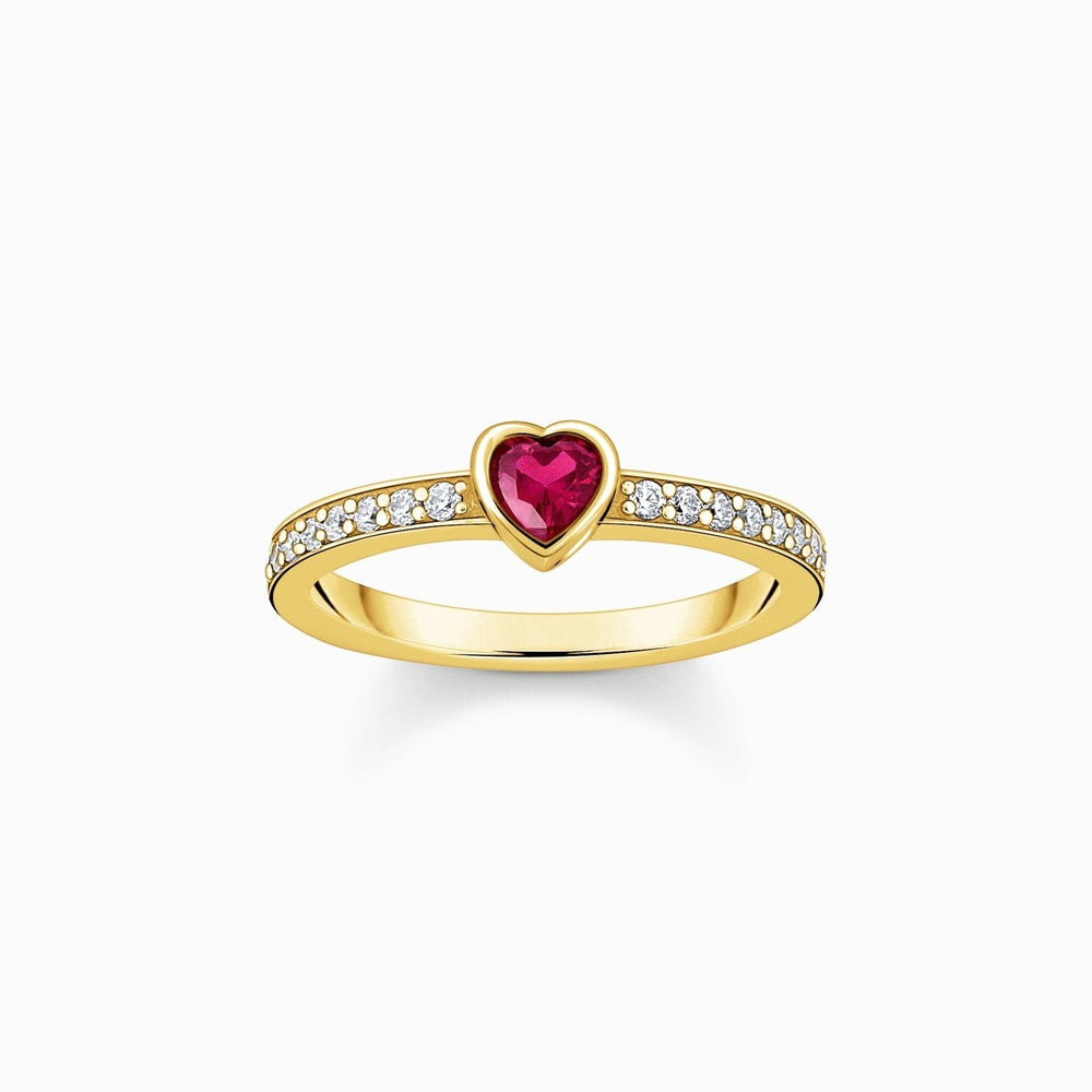 18CT GOLD ON SILVER SOLITAIRE RING WITH RED HEART-SHAPED STONE