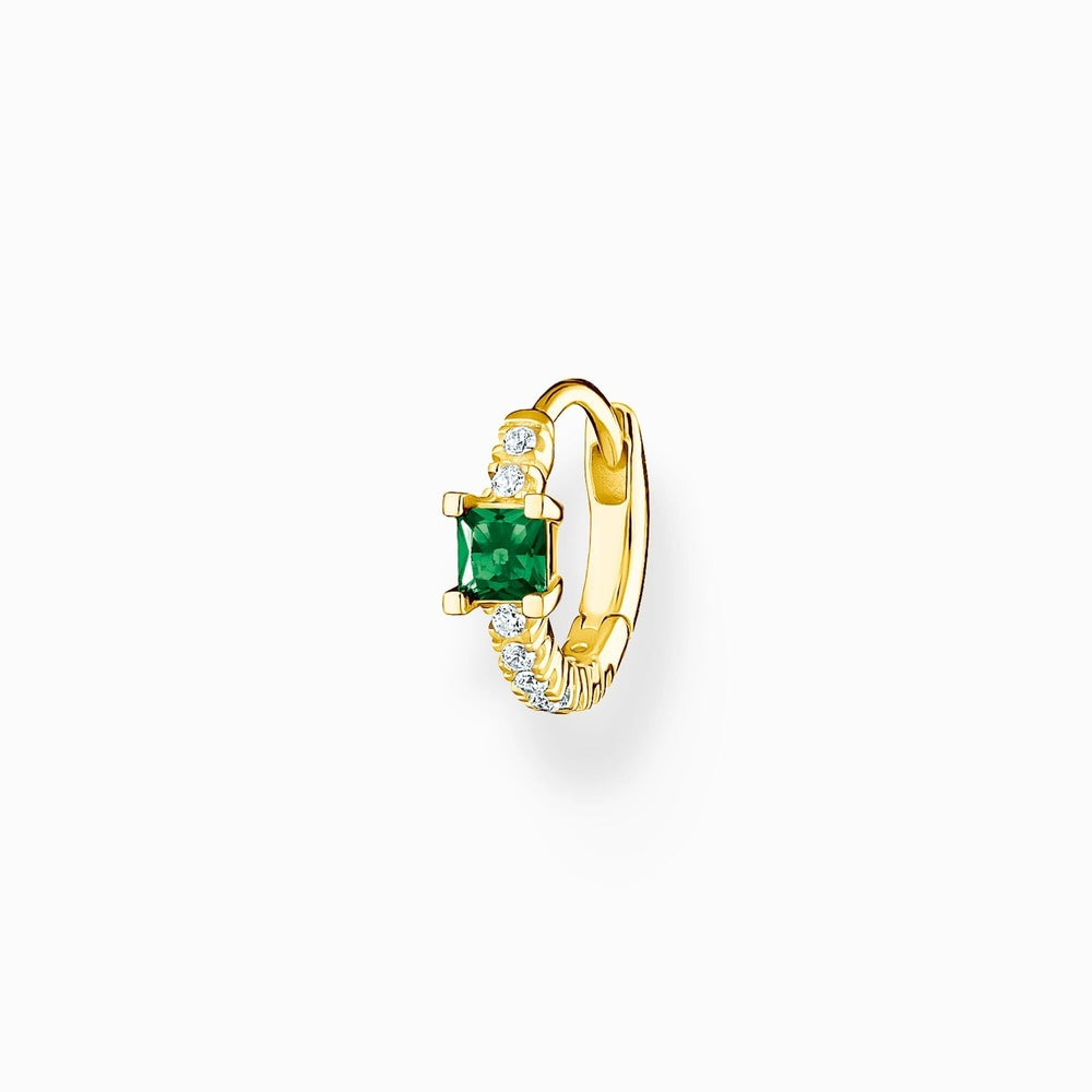 18CT GOLD ON SILVER ZIRCONIA HOOP EARRINGS WITH GREEN STONE