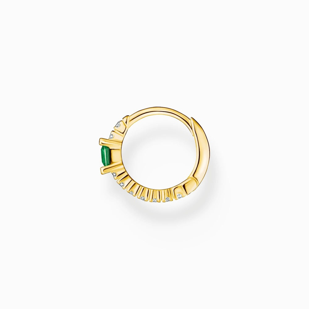 18CT GOLD ON SILVER ZIRCONIA HOOP EARRINGS WITH GREEN STONE