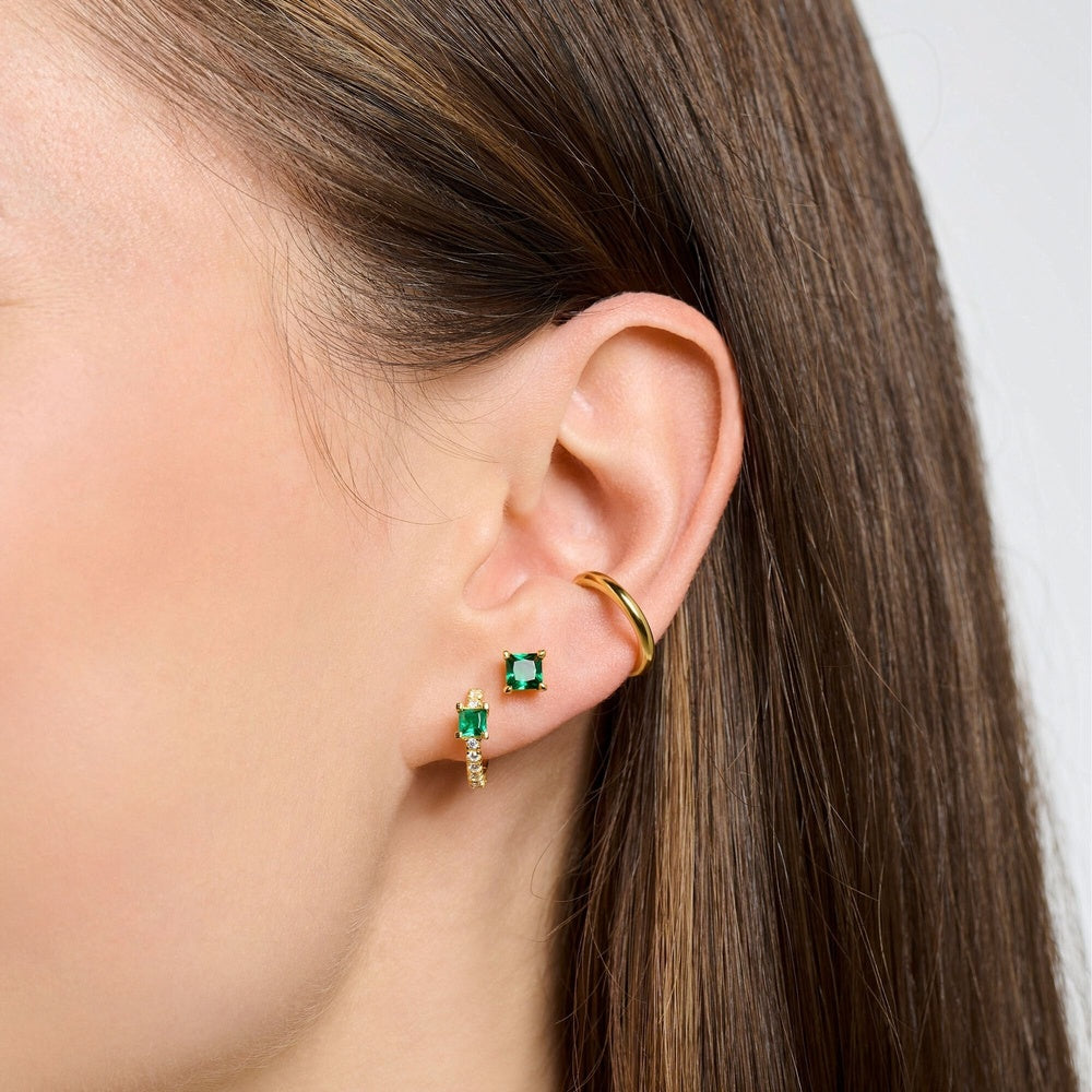 18CT GOLD ON SILVER ZIRCONIA HOOP EARRINGS WITH GREEN STONE