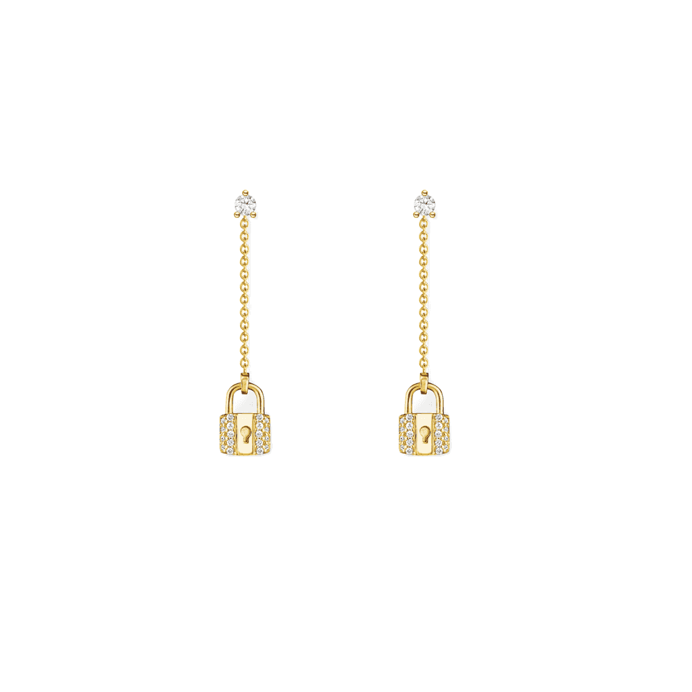 18CT GOLD ON SILVER ZIRCONIA LOCK DROP EARRINGS 